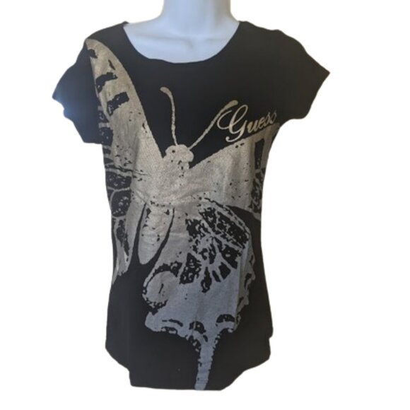 GUESS Black Graphic T-Shirt Tee with Butterly Size Medium - Picture 1 of 3